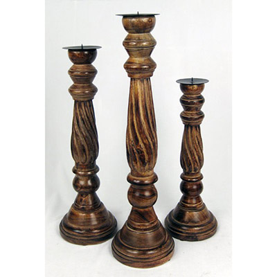 Set Of 3 Wooden Candle Sticks - Click Image to Close